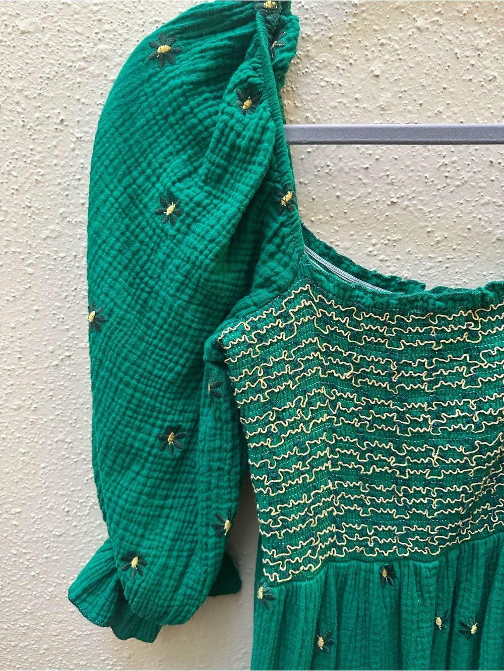 Floral Embroidered Long Balloon Sleeve Smocked Midi Maxi Dress Sz L Boho Green - Picture 5 of 5